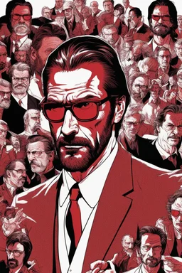 an muscular and menacing Hans Gruber wearing red-tinted glasses