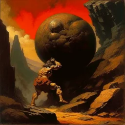 Powerful but Cursed Sisyphus pushing a round boulder up a hill in a sinister dreamland , (by Ted McKeever:1.4) and by Frank Frazetta and Gustav Dore, brooding horror art, warm colors, unsettling, pointilism oil painting