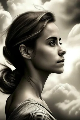 emma watson : The contours of the woman are crafted from dense yet delicate clouds, making her appear goddess-like as she seemingly floats weightlessly in the sky. Boundless Harmony: The amalgamation of clouds forms a feminine figure seamlessly merging with the surroun