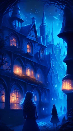 Magical realm, beautiful elvish town, lights in the windows, people wearing blue, the main character is at the front, 4k, digital art
