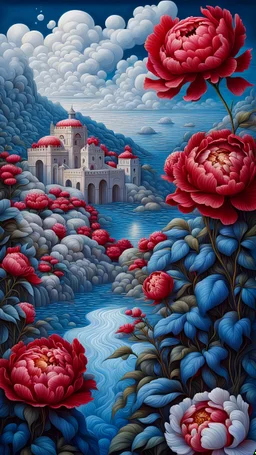 Striking white and blue landscape with red peonies. extreme details (Original prompt and modifiers by OksanaKolbasa) Modifiers: fantasy intricate 8k cinematic lighting very attractive beautiful award winning fantastic view ultra detailed high definition crisp quality Michelangelo acrylic art intricate details Jacek Yerka Rubens