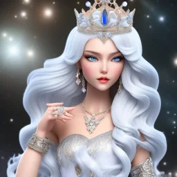 Ice Princess with white hair, a crown with precious stones