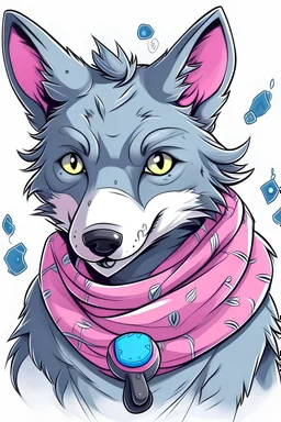 dark gray wolf white throat with lil bit pink in the ears blue scarf with a cable in its mouth conected to an xbox controller and make it hand drawn like a cartoon