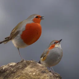 Fat Robin stands on a mountain, realistic, midjourney, dramatic light, close up, smoky background, cinematic