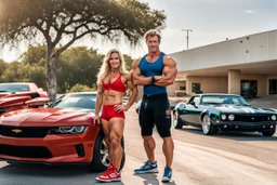 make a pic with very short hair bodybuilder Knut Spildrejorde from Norway and his fitness wife blonde hair Jeanette, they are standing front of his new red car Chevrolet Camaro, very busy highway in sunny Austin Texas in the background, stacks with pizza boxes on ground