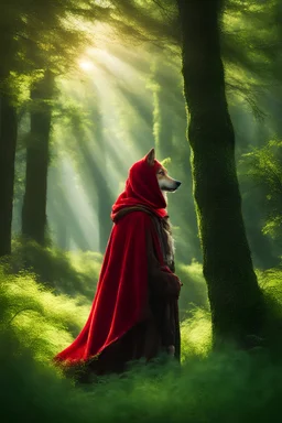 Little Red Riding Hood in her iconic red cloak standing in a vivid green clearing, soft focus, textured sunlight filtering through dense trees, highlighted texture of wolf fur, warm interaction between characters, fairy tale atmosphere, Test, by alex1shved , top realistic, ruddy skin, beautiful, full lips, smiling, sense of lightness and joy, hyperrealism, very elaborate skin, direct gaze,