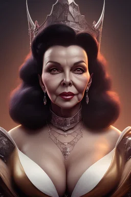 Joan Collins as evil queen in black leather, leather, busty, cleavage, angry, stern look. character design by cory loftis, fenghua zhong, ryohei hase, ismail inceoglu and ruan jia. unreal engine 5, artistic lighting, highly detailed, photorealistic, fantasy