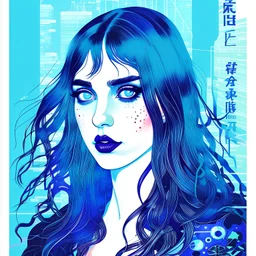 Singer Danish MØ face, beautiful cyberpunk huge girl, hyperdetailed, illustration by Katsushika Hokusai, darkblue tones,