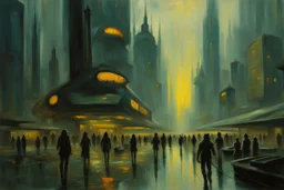 Futuristic city in a cloudy day, lake, people, sci-fi, cyberpunk influence, otto pippel impressionism painting