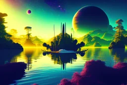 Alien landscape with forest, exoplanet, boat, exoplanet in the sky, Lagoon reflection vegetation, sci-fi, concept art, movie poster, cinematic