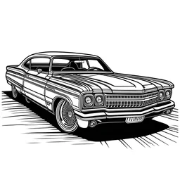 A simple line black and white drawing of a lowrider car with horror elements