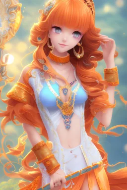 Full body of beautiful girl nami, Hair Color: Orange, Style: Wavy, Outfit Top: Blue, Outfit Bottom: Orange, Shoes: Brown, Accessories: Tangerine, Weapon: Clima-Tact, Hat: Straw, Tattoo: Pinwheel, Earrings: Hoops, sophisticated,, beautiful woman, hyper realistic, hyperrealism, photoreal, realistic, photorealistic, soft pastels, full-body, standing, long shot, wide angle, aesthetic