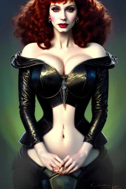 painting of christina hendricks as evil queen in black leather, feminie, angry, volouptous, busty, cleavage, emperious, mature, highly detailed, digital painting, artstation, concept art, smooth, sharp focus, illustration, art by gaston bussiere and alphonse mucha