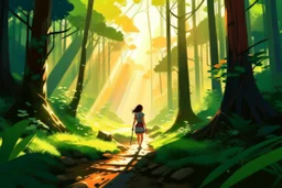 a lone woman trekking through a forest pierced by shafts of morning light , art in the style of spirited away