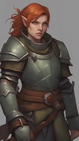 A female half orc cleric with ginger hair, heavy armor