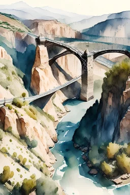 Aerial view of Raino Spain's rugged mountain and river and bridge landscape in watercolor