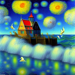 Dibujo al oleo de una casa en la playa con gaviotas con nubes con estilo de Vincent van Gogh