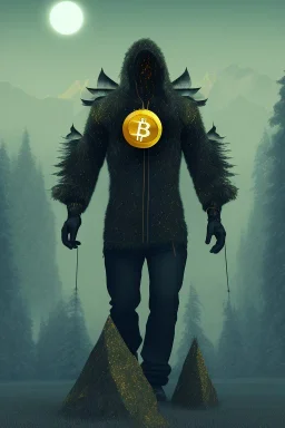 running berserker portrait , no face, black jogging suite , in the night Alps , holding bitcoins , angels background, volumetric gold light, high detail, dark leaf tree, dark mountains in background, perfect