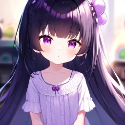 Clear focus,High resolution, Black long fluffy hair, and purple eyes, Loli