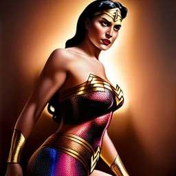 Ultra detailed fullbody Portrait in oil on canvas of beautiful fit busty WonderWoman,wearing minimal skintight suit, extremely detailed digital painting, extremely detailed face,crystal clear Big Glowing eyes, mystical colors ,perfectly centered image, perfect composition, rim light, beautiful lighting, 8k, stunning scene, raytracing, anatomically correct, in the style of robert e howard and Ken Kelley and Ohrai Noriyoshi and Simon Bisley and tomzj1