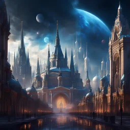 A view of Moscow in the style of fantasy cyberpunk with the famous cathedral, a temple in the background, the firmament of the cosmic galaxy