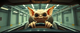 car driving happy 2d anime fluffy slimy alien gremlin man in the style of Escher and Giger and Fallout 4, pinhole cam, airbrush 3d rendering, on tv screen:A five-second cinematic single take in a clean industrial presentation hall.