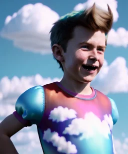 Ultra realistic clouds sky scene, medium shot view, portrait, sweet Peter Pan Childs, free jumping flying, trinkets, monster hair, jelly beans, inflatable helmet, smile, happy, Wes Anderson style, inflatable color clothing, extreme, wind, clouds sea, 20,000 feet altitude, stratosphere, soft color, highly detailed, unreal engine 5, ray tracing, RTX, lumen lighting, ultra detail, volumetric lighting, 3d, finely drawn, high definition, high resolution.