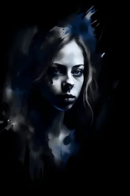 A abstract portrait of a young woman (neofigurative, abstractionism). Look like a watercolor. All black. Horror. Dark. Blur