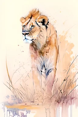 lioness by watering hole in dry dessert cheery dreamy watercolor