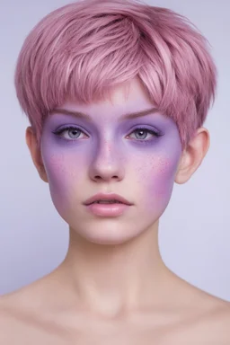 A young woman with lavender skin, purple eyes, pink hair in a pixie cut with pink freckles.