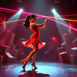A breathtaking 3D animation of a passionate woman dancing a hot, energetic salsa. Her movements are fluid, expressive, and perfectly synchronized. Surrounding her is a futuristic, evolving stage filled with animating abstract 3D geometric structures that constantly morph, shift, and pulse to the rhythm. Dynamic, vibrant neon lights, colorful volumetric laser beams, and dramatic strobes sweep across the dark environment, casting beautiful shadows. Cinematic camera movement with smooth tracking