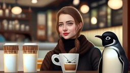 young woman talk to a penguin in coffee-shop