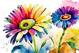 one small daisy flower next to big colorful exotic flowers, watercolor