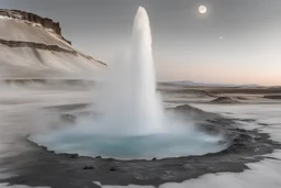 big geyser in Iceland with northern lights, clear sky with moon,