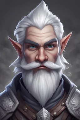 Generate a dungeons and dragons character portrait of the face of a male order of scribes wizard handsome deep gnome. He has gray skin like a drow. He has white eyebrows. He has white hair, eyebrows, moustache and goatee. He's 19 years old.