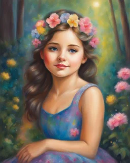 Oil pastel painting of a beautiful girl, floral dress, fantasy, dream, forest, sparkles background, glow, cute face, beautiful, oil pastel painting, fantasy art, fairy, young girl, beautiful portrait painting, flowers, colorful, inspired by Thomas Kinkade, fine art, 8k