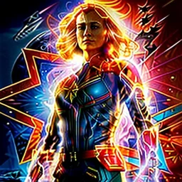 Captain Marvel,flying in the sky, hair on fire, realistic, vibrant colors, Kate beckinsale's face, long hair, gold angel wings, full body, in space, muscular, hyperrealistic, airplane, deathstar, facemask, topless, nuclear explosion, beauty happy face, electricity