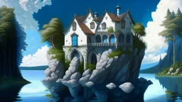 small gothic house built into a rock, lake, trees, arches, bridge, foliage, balconies, verandas, blue sky, white clouds