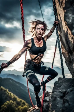 An action shot of a sexy looking zombie mountain climber, dramatic climb, an action shot, sexy crop top and tight leggings, climbing ropes,cinematic poster, cinematic lighting