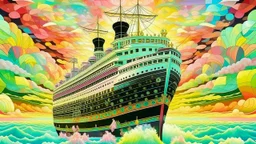 Imagine a majestic, vintage-inspired ocean liner, adrift in a whimsical, dreamlike atmosphere. The ship’s Art Deco silhouette stands out against a vibrant, cotton-candy-colored sky, as if the sun has dissipated, leaving behind a kaleidoscope of pastel hues. Soft, feathery clouds resemble puffs of smoke, drifting gently across the horizon. The ship’s hull is a warm burnished gold, adorned with intricate, curving filigree that shimmers like moonlit waves. Delicate, lace-like railings and ornate la