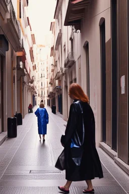 mujeres de 35 años caminando por una céntrica calle de una ciudad española, visten ropa de segunda mano, chubasquero, es la moda y es tendencia, fotografía real, de cara a la cámara