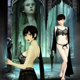 Realistic photo short hair boyish boylike (boyish face) beautiful cleavage lace neckline (short mens haircut) amulets of evil forces on neck (thin waist) (wide hips) lacy nightgown (girlish room of black magic) (symbols of evil black magic and evil force on the walls) (learns to be an evil sorceress) (with women's furniture, cosmetics, hangers with dresses and bras)