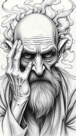 highly detailed graphite illustration, A surreal elderly figure with exaggerated anatomical featured , hands down wrinkled skin, and an intense, contemplative expression. bald head, thick eyebrows, long beard merge into swirling abstract shapes. Large, other gripping the forehead tensely. Mysterious, introspective, dreamlike, somewhat dark fantasy. #𝙙𝙧𝙚art #prompt