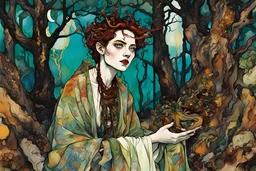 Egon Schiele, Abraham Rattner , Oskar Kokoschka style abstract expressionist, full color, full body comic book illustration of a young pagan druid priestess in an ancient ritual grove, asymmetric harmony, intricately detailed, highly detailed facial features, ethereal, elemental, otherworldly, the smell of the ancient essence of eternity, boldly inked in vibrant natural color