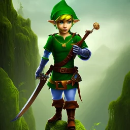 warrior character, wearing green clothes and green hat, similar to Link from Legend Of Zelda, standing on the edge of a steep cliff, heroic, atmospheric