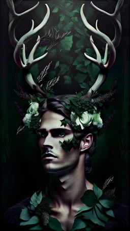 beautiful male with big deer horns made from ivy and white flowers, front facing dark smooth colors, forest green background,
