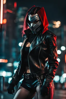 Full body,Half-cyborg demon female cyberpunk assassin wearing a metal mask, black jacket,walk in night city background