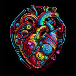 FLAT VECTOR LAYERED 2-D MULTICOLORED COMPLIMENTARY NEON MECHANICAL HUMAN HEART, METALLIC,