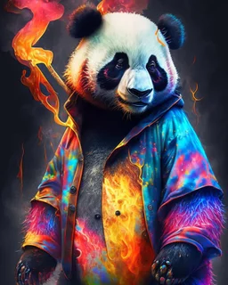 Panda grizzle hybrid colors clothes with lollipopd dark fire art ,Hyperrealistic stunning Master piece