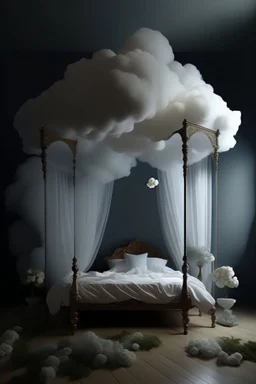 A bed made of clouds, tulle, organza, lanterns, ivy, flowers floats across the sky on a cloud ::above the bed there is a canopy made of long white tulle:: top view. The whole object is in the frame. a deep perspective. the panorama. ink drawing with a thin pen. In the style of Thomas Kincaid:: intricate, filigree. very pale pastel painting. drawing. lightness, lightness, ephemerality